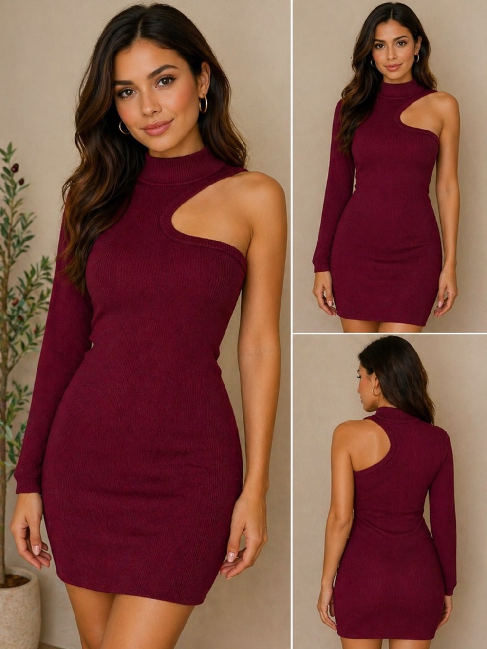 518. One-Shoulder Asymmetric Knit Mini Dress in Burgundy